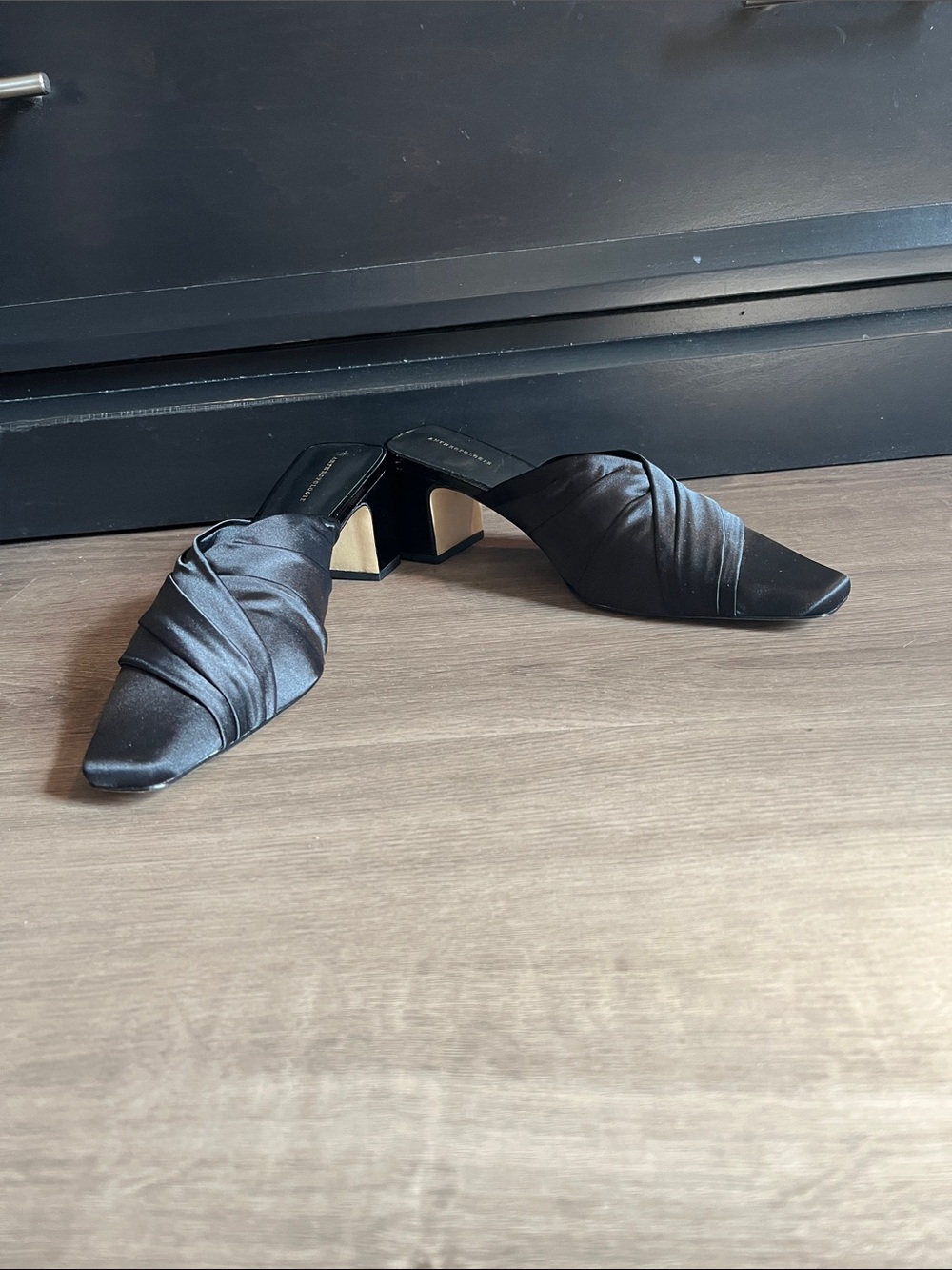 Anthropologie Black Satin Ruched Mule Heels